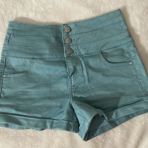 high waisted teal jean shorts with silver buttons